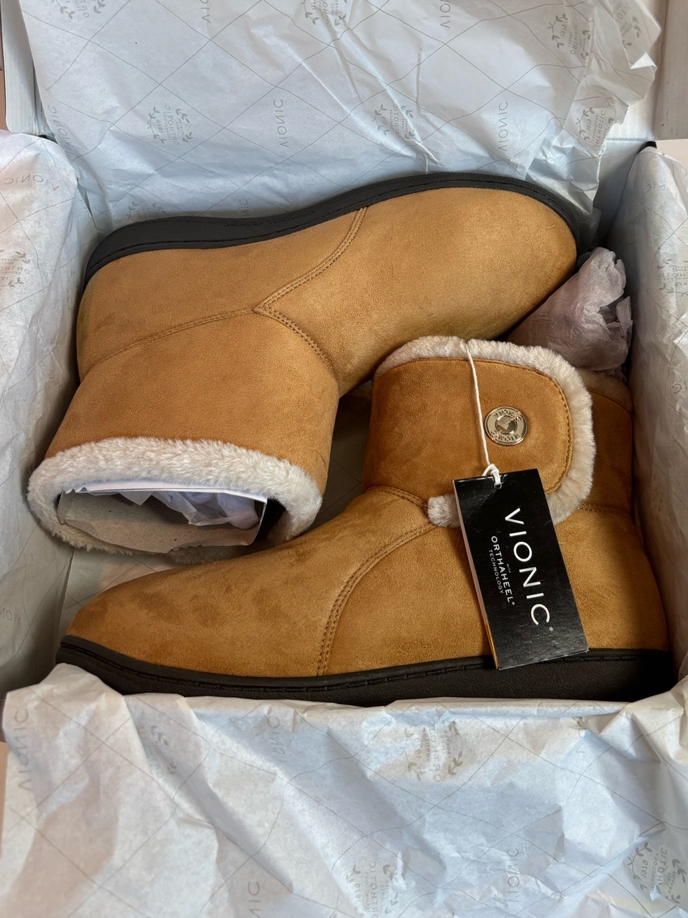 Vionic Vanah Women’s Tan Suede Faux Fur Ankle Boots Size 8 NEW!